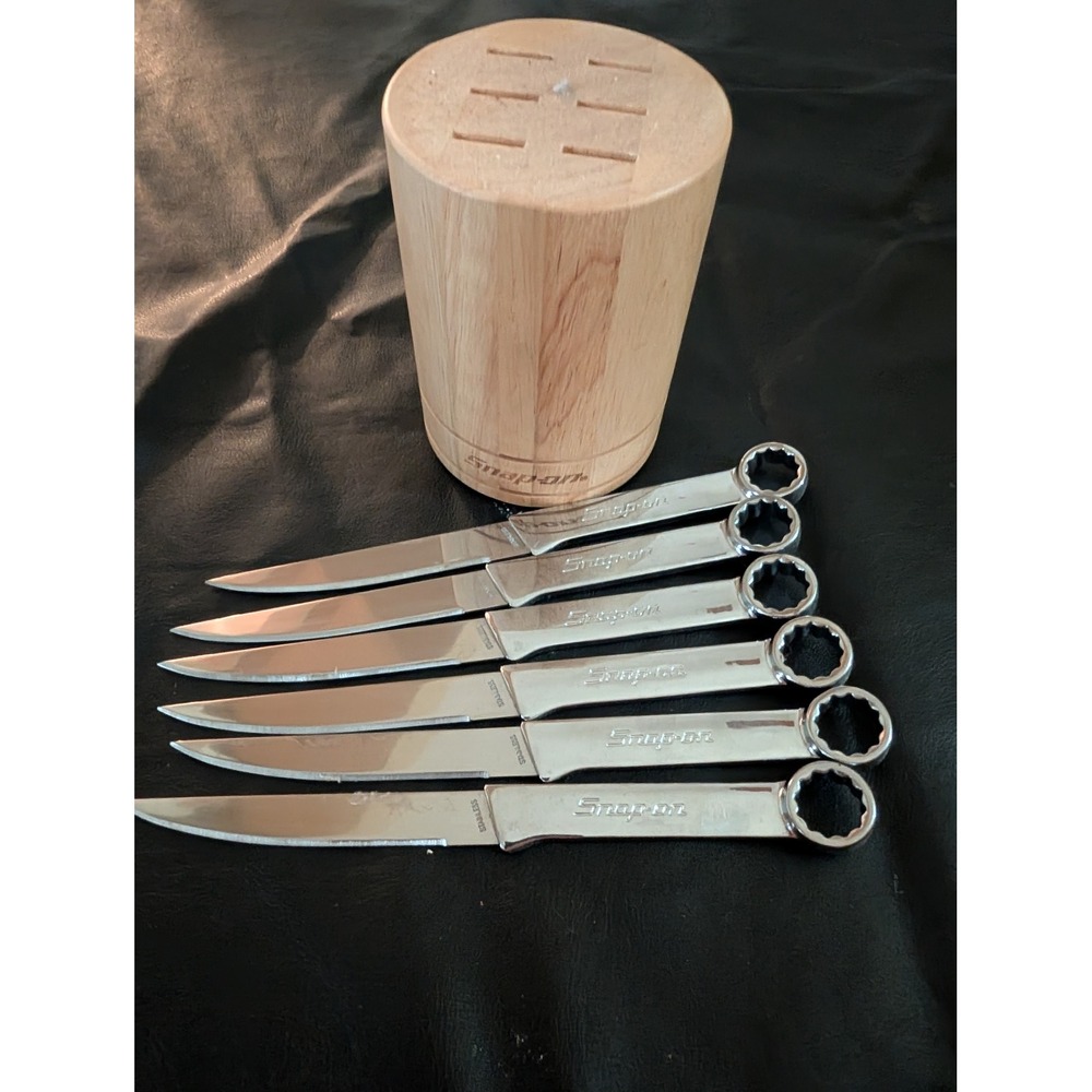 Snap-on 6 Piece Wrench Handle Steak Knife Set with Wood Storage Block Stainless
